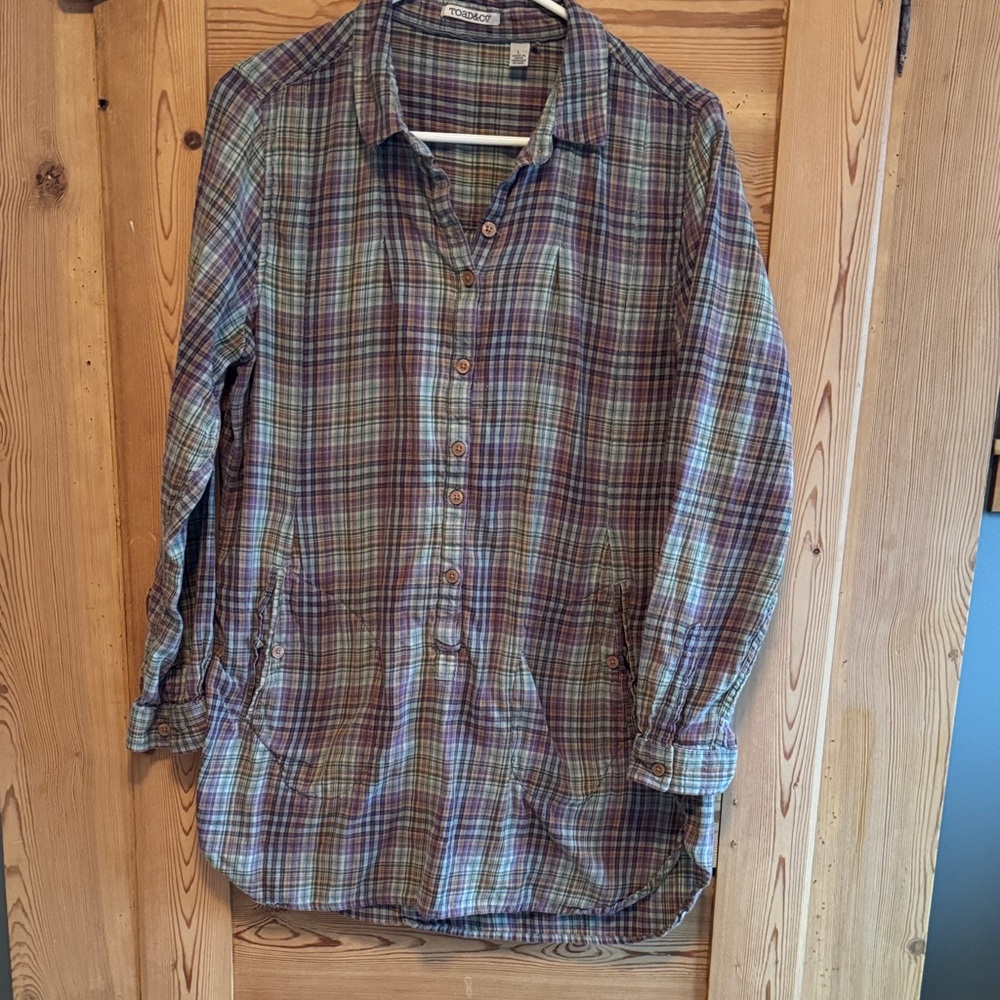 Toad&Co Plaid Button-Up Tunic in Lavender, Sage & Rust